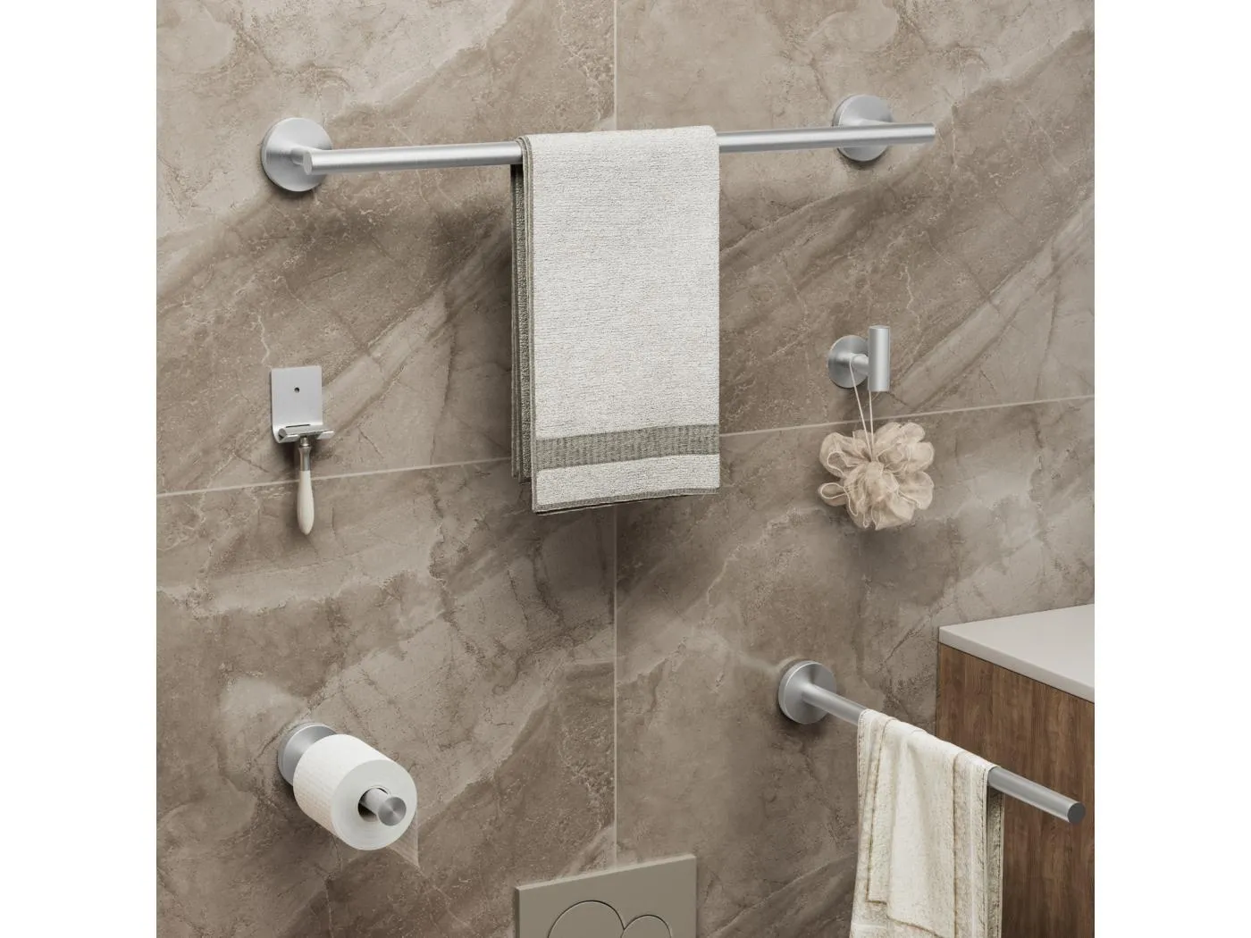 7-teiliges Badezimmerset – 1 Handtuchhalter + 1 seitlicher Handtuchhalter + 1 Papierrollenhalter + 4 Haken (gebürstet)