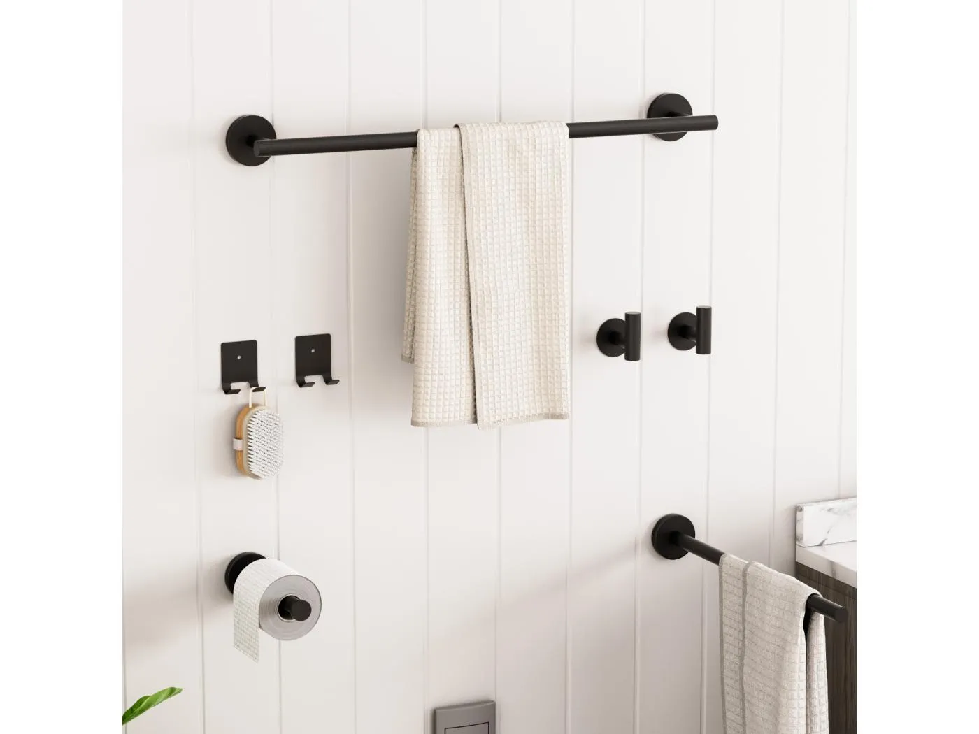 7-teiliges Badezimmerset – 1 Handtuchhalter + 1 seitlicher Handtuchhalter + 1 Papierrollenhalter + 4 Haken (schwarz)