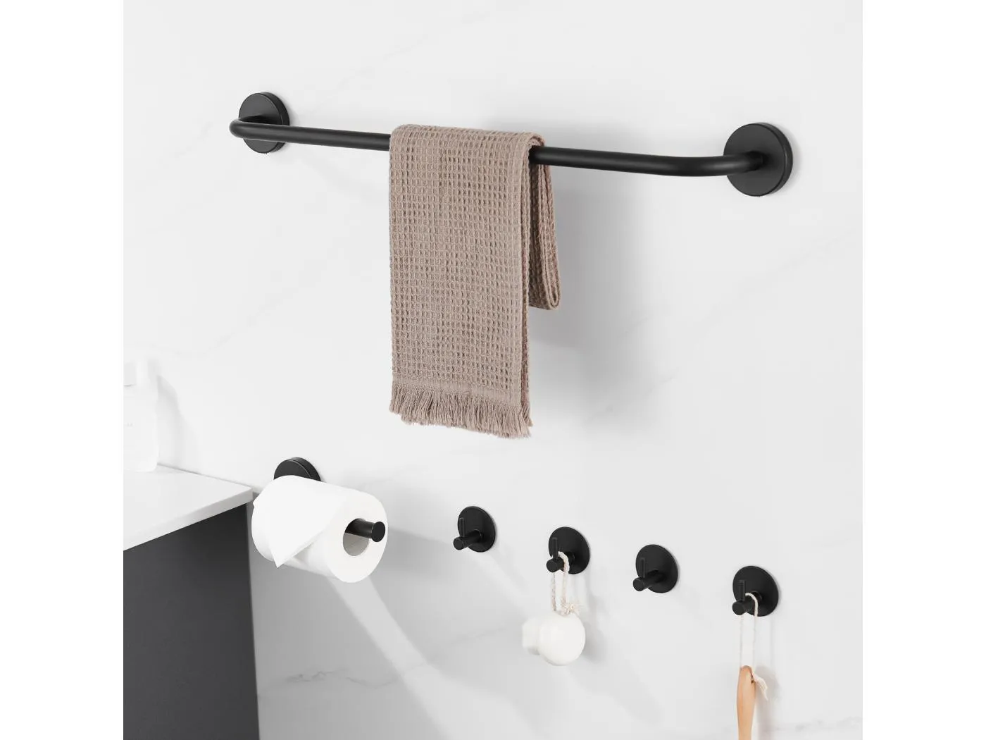 Auralum Max Badezimmer-Zubehör, Edelstahl, Schwarz, Handtuchhalter zur Wandmontage (1 Stück), Toilettenpapierhalter (1 Stück), Haken, (4 Stück)