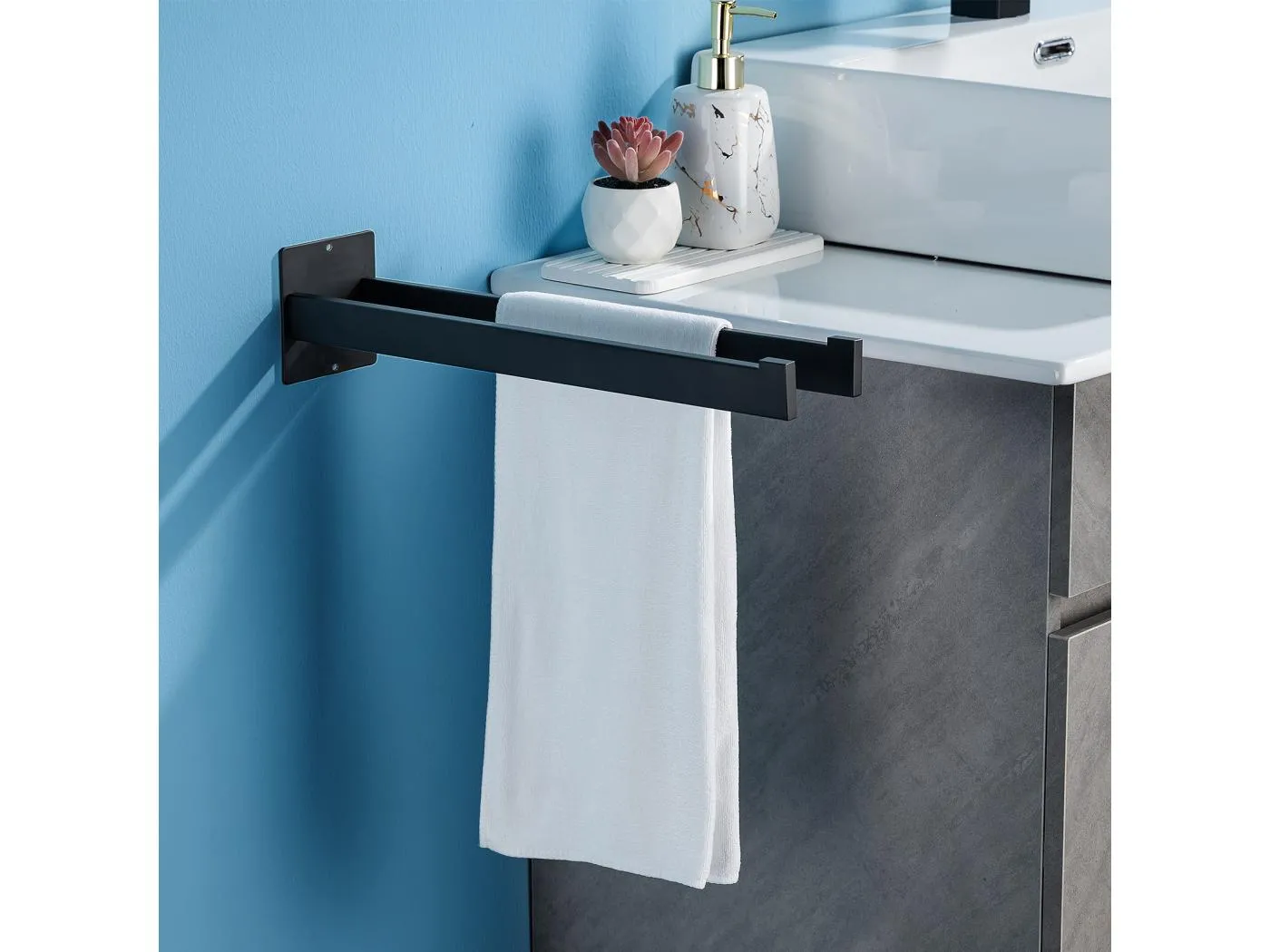 Auralum MAX Handtuchhalter fürs Badezimmer, Doppel-Handtuchstange zum Kleben/Bohren, Wandmontage, Handtuchhalter mit zwei Armen für Badezimmer und Küche, Schwarz