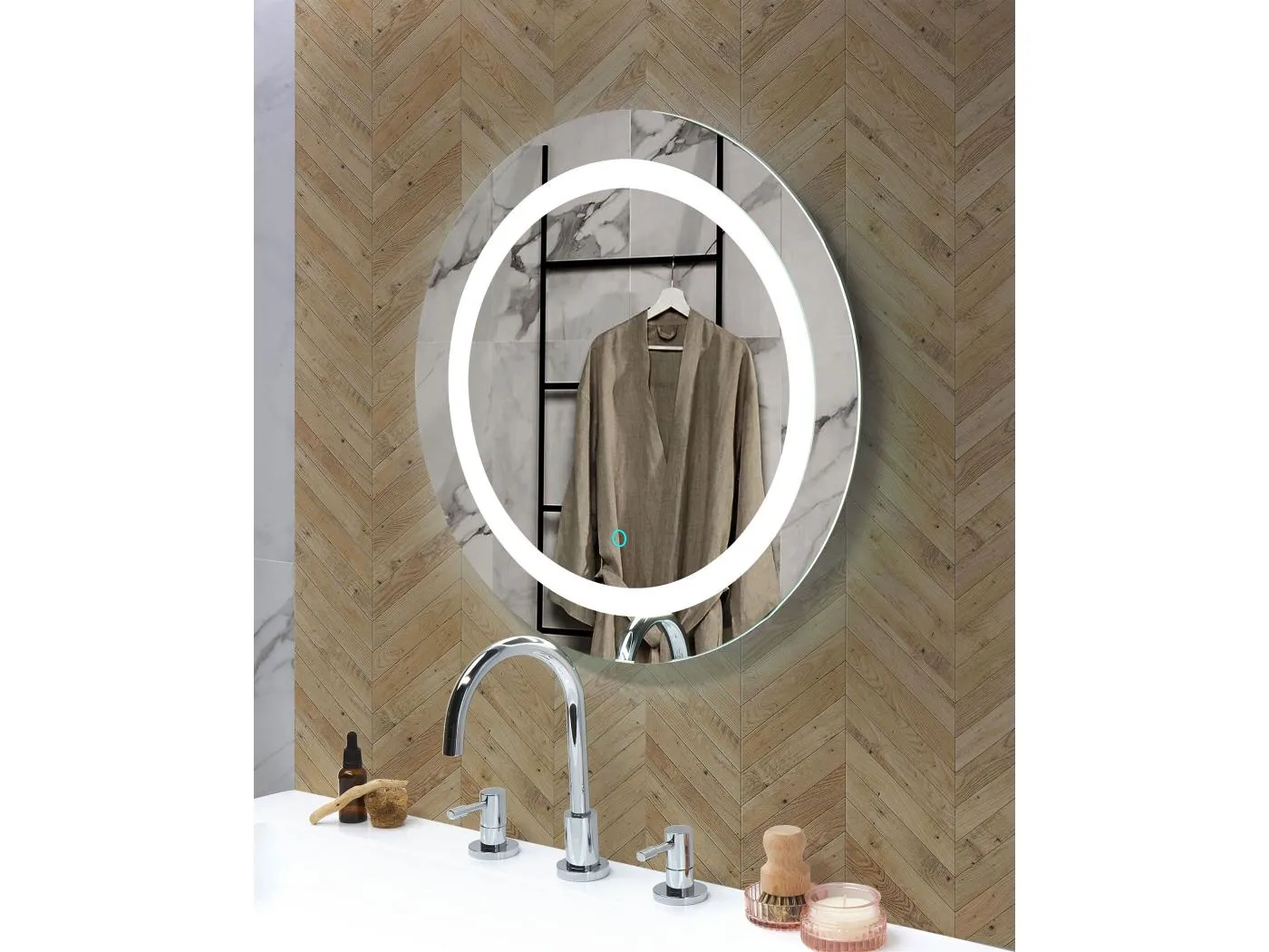 Runder, eleganter LED-Spiegel mit Touch Sensor-Schalter 60x60 cm silber Selune