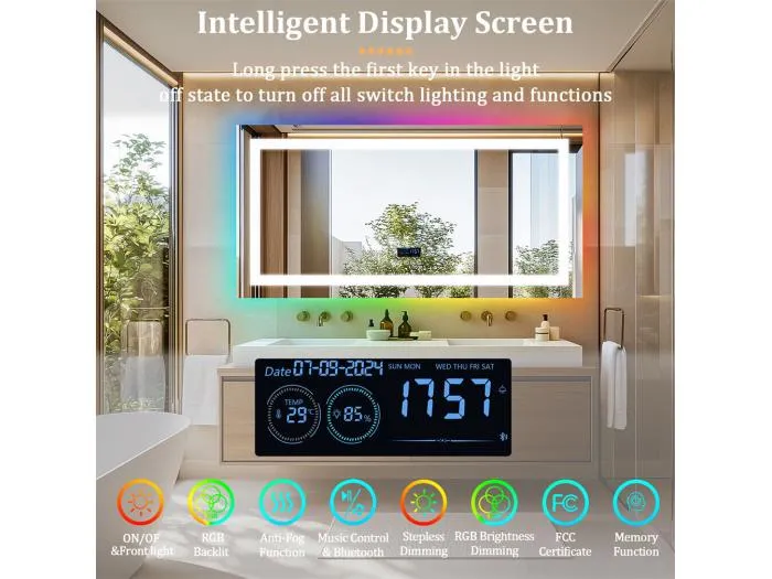Badezimmerspiegel 120x60cm RGB und LED verstellbar + Antibeschlag + Bluetooth 5.2 + Uhr + 3 Farben 4 Tasten