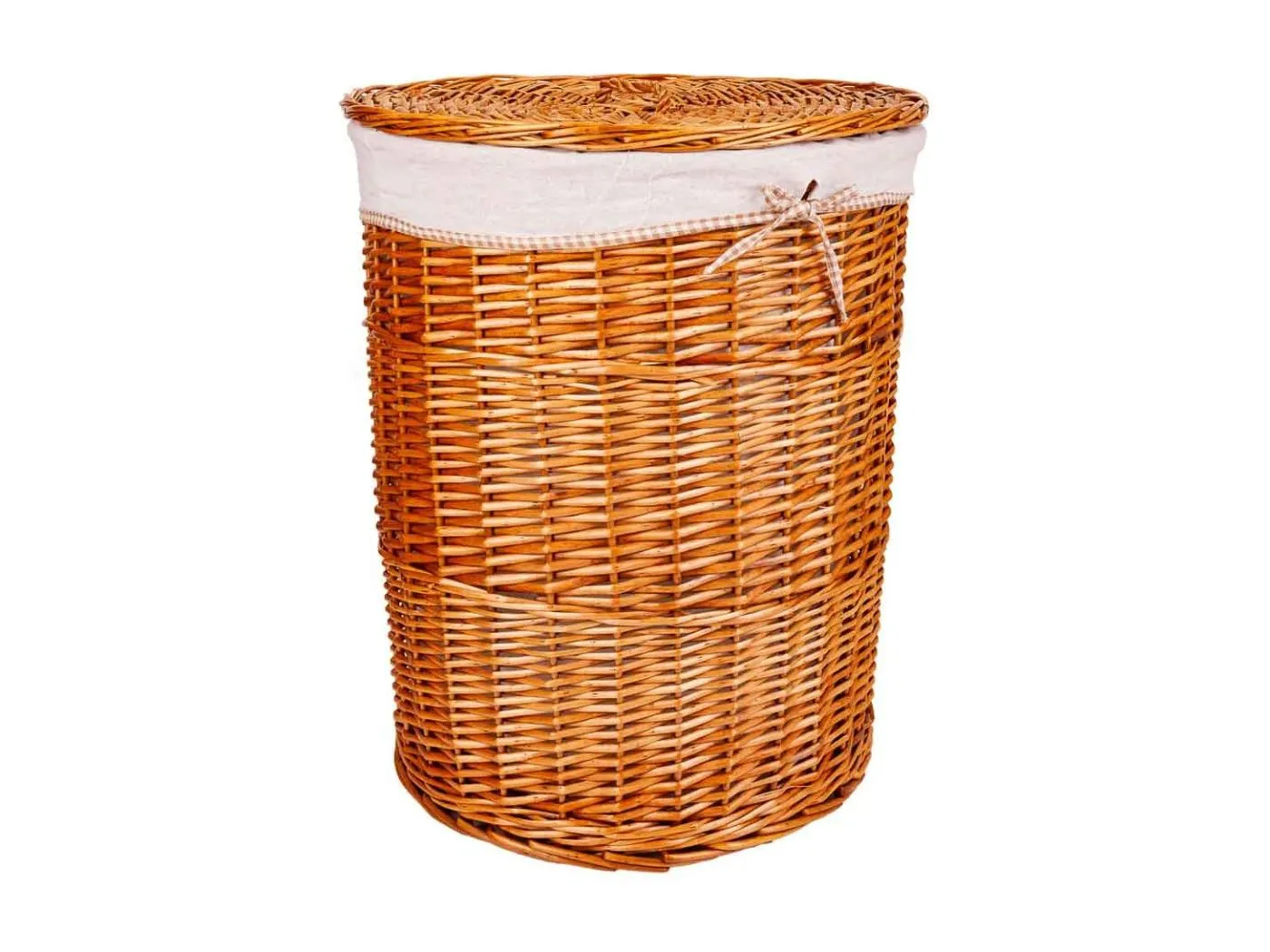 Set aus Wäschekorb und zwei braun gefütterten Weidenkörben