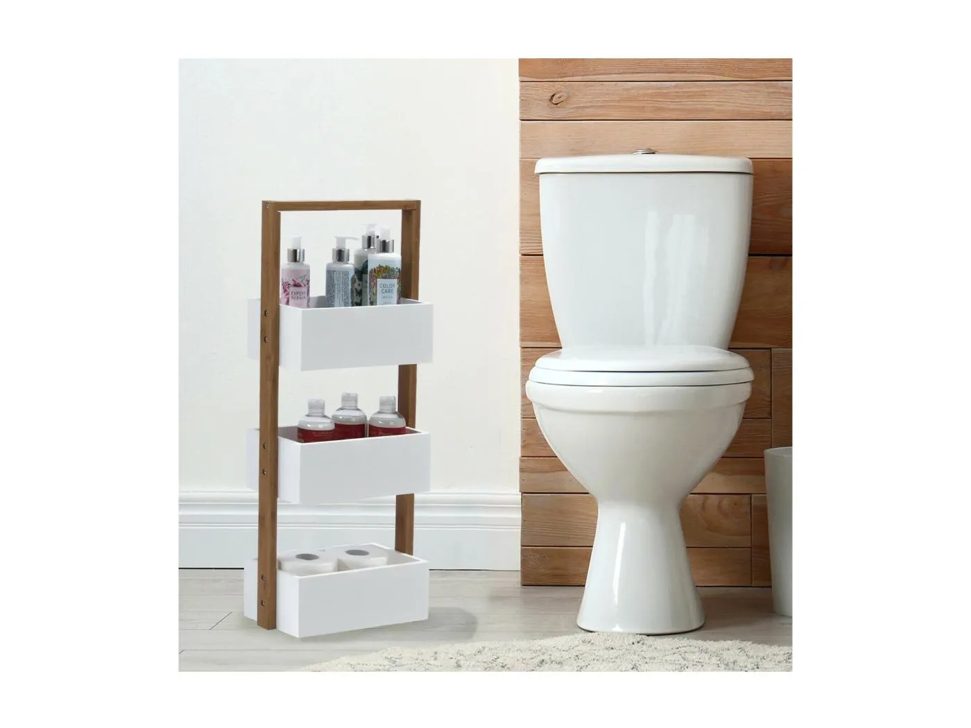 Geradliniges Bambusregal mit 3 Aufbewahrungsboxen