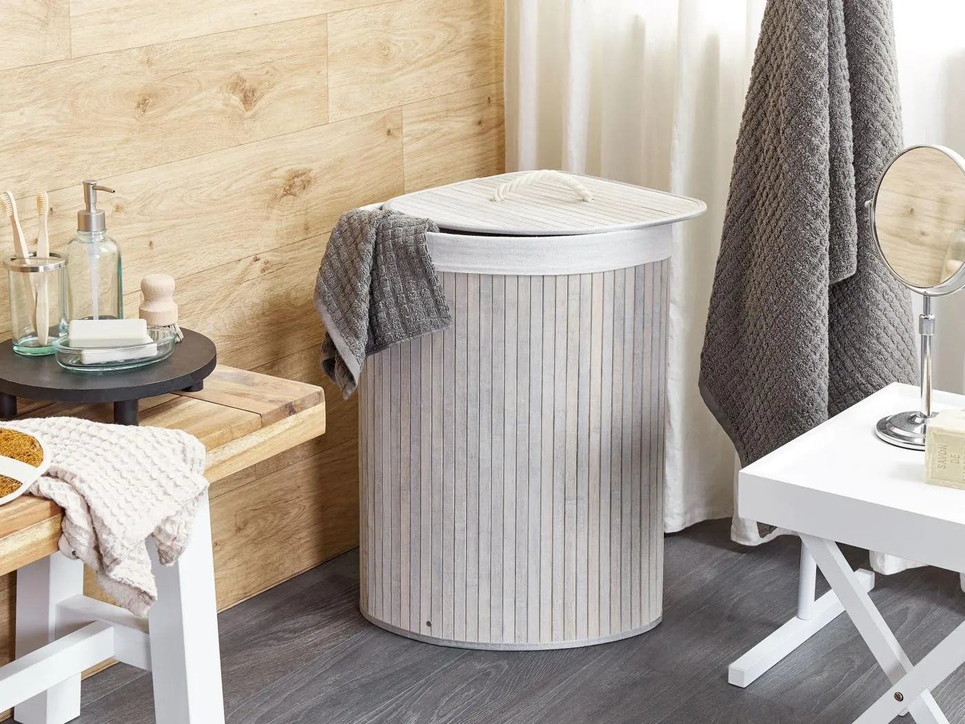 Wäschekorb Bambusholz hellgrau handgemacht eckig mit Deckel Sack Matara