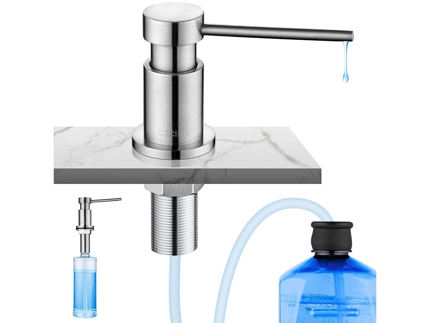 Gebürsteter Küchenseifenspender, Küchenspüle-Seifenspender mit 300-ml-Behälter + 1,25 m Silikon-Verlängerungsschlauch