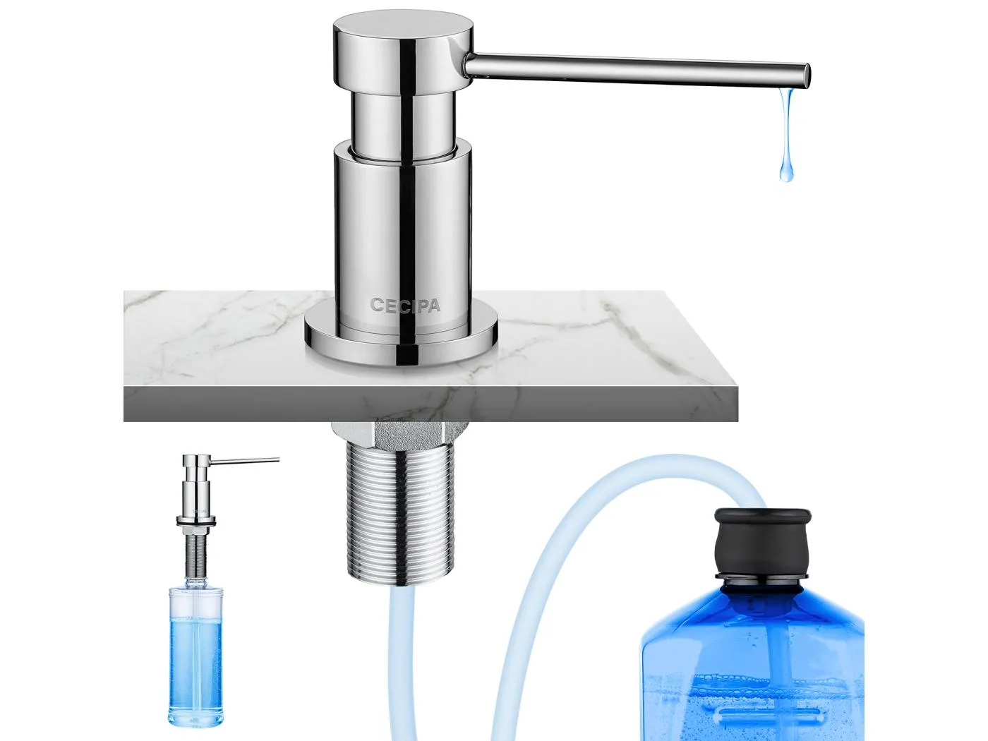 Cecipa MAX Chrom-Seifenspender für die Küche, Seifenspender für die Spüle mit 300 ml Behälter + 1,25 m Silikon-Verlängerungsschlauch
