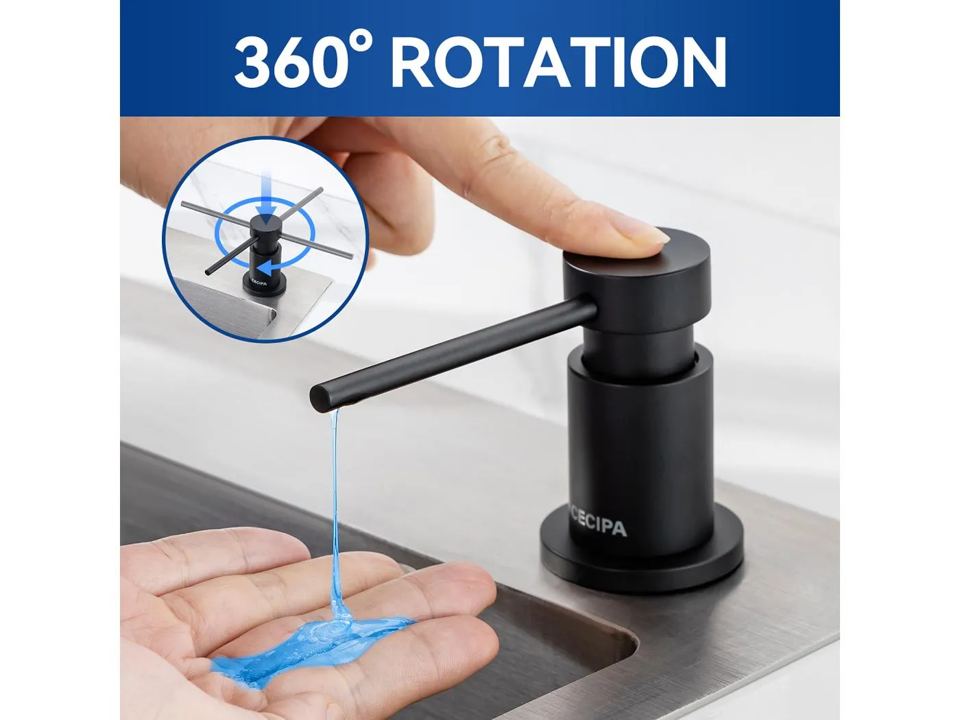 Schwarzer Küchenseifenspender, Küchenspüle-Seifenspender mit 300-ml-Behälter + 1,25 m Silikon-Verlängerungsschlauch