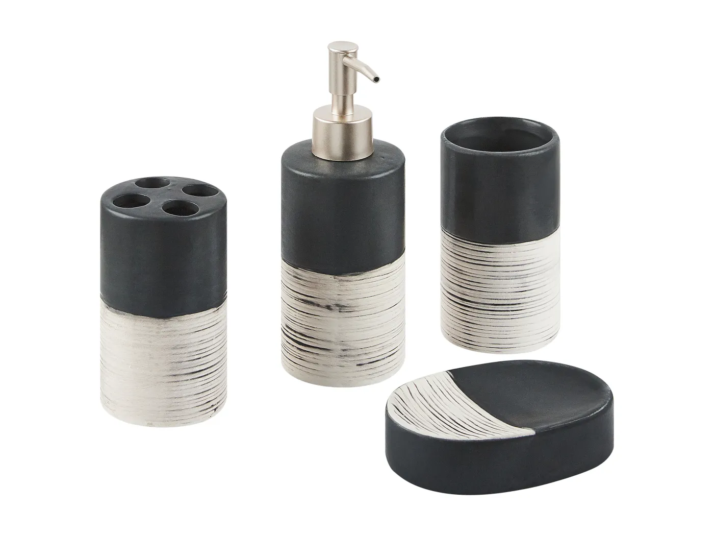 Badezimmer Set schwarz / beige 4-teilig aus Naturstein Dolomit gestreift Coro