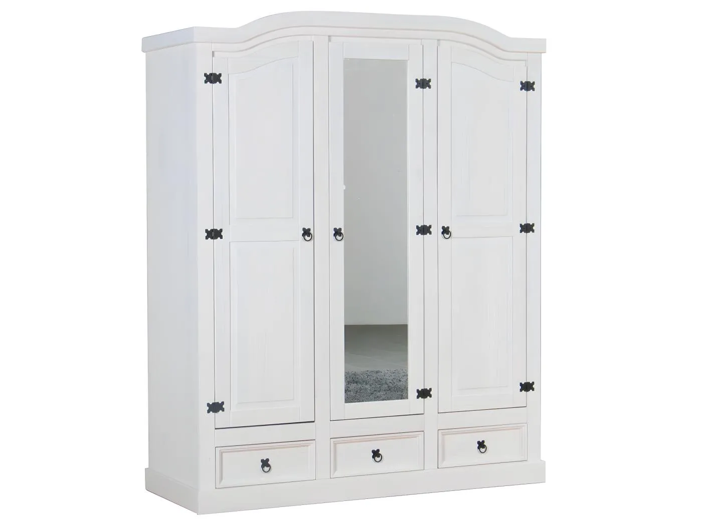 New Mexico Kleiderschrank 3 türig mit einer Spiegeltür, 2 getäfelten Türen und 3 Schubladen in weiß, gewachst.