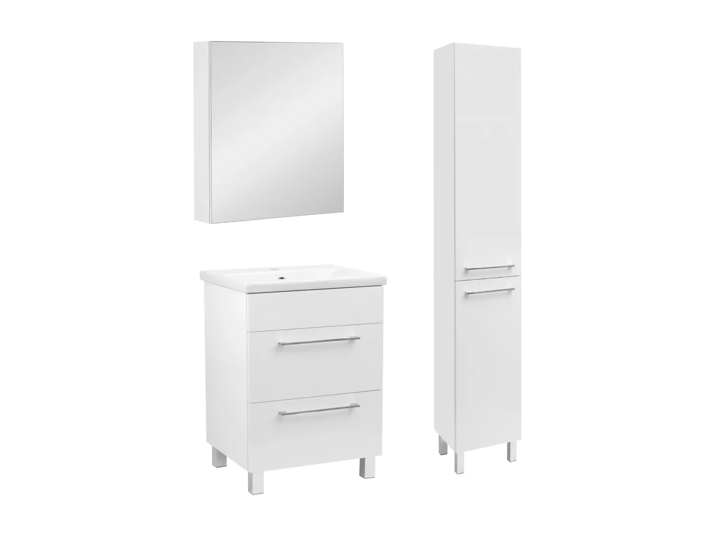 Weißes Badezimmerset 50cm Schrank mit Waschbecken Hochschrank Schrank mit Spiegel Sol