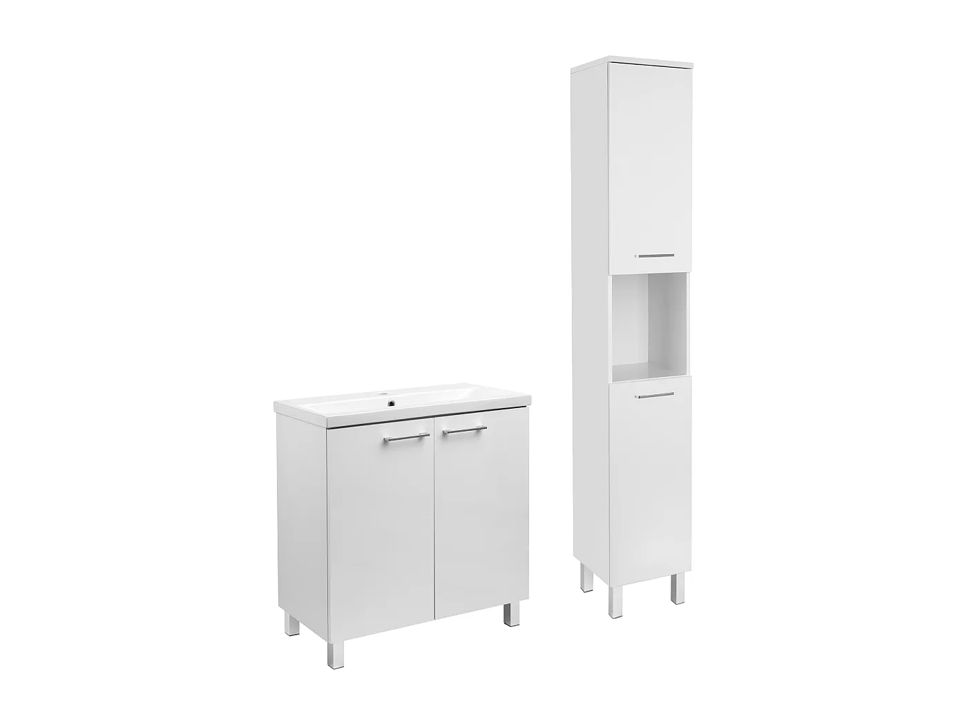 Weißes Badezimmer-Set, Standmodell, 80 cm, Schrank mit Waschbecken, Hochschrank