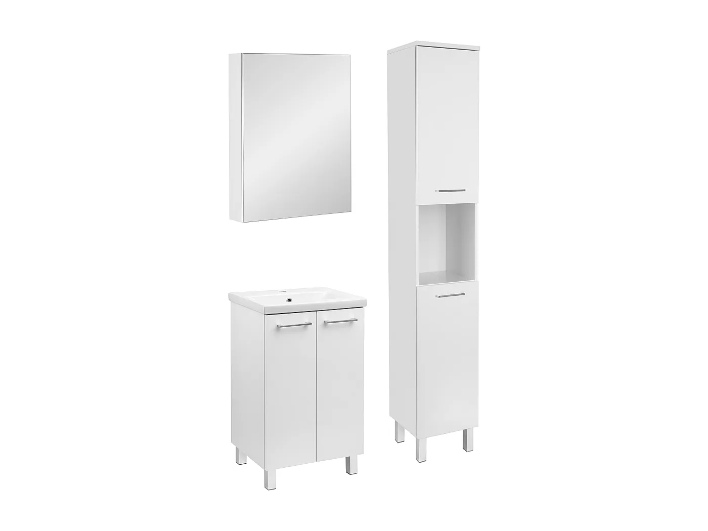 Weißes Badezimmer-Set, stehend, 50 cm, Schrank mit Waschbecken, Hochschrank, Spiegelschrank