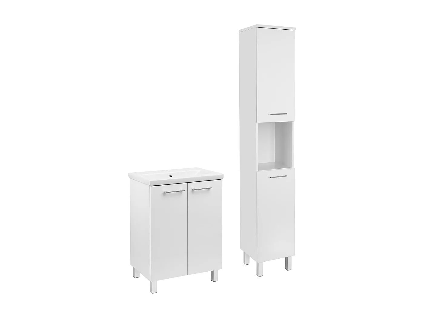 Weißes Badezimmer-Set, Standmodell, 60 cm, Schrank mit Waschbecken, Hochschrank
