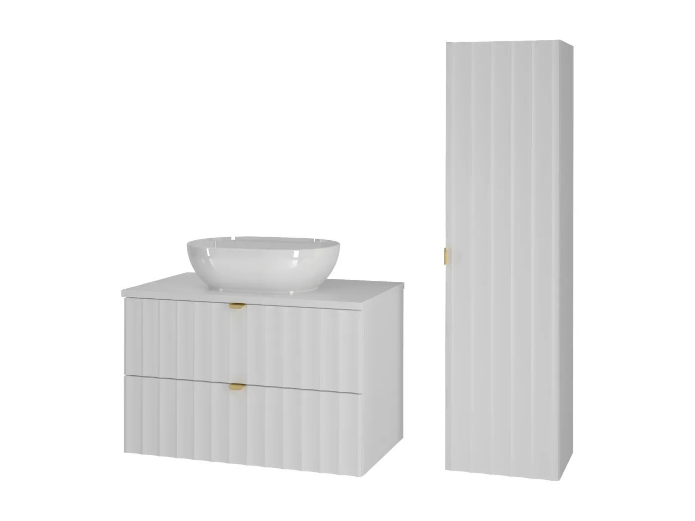 Weiß Bathroom Set 80cm Badezimmerschrank mit Arbeitsplatte und Waschbecken und Hochschrank geriffelte Fronten Arcos