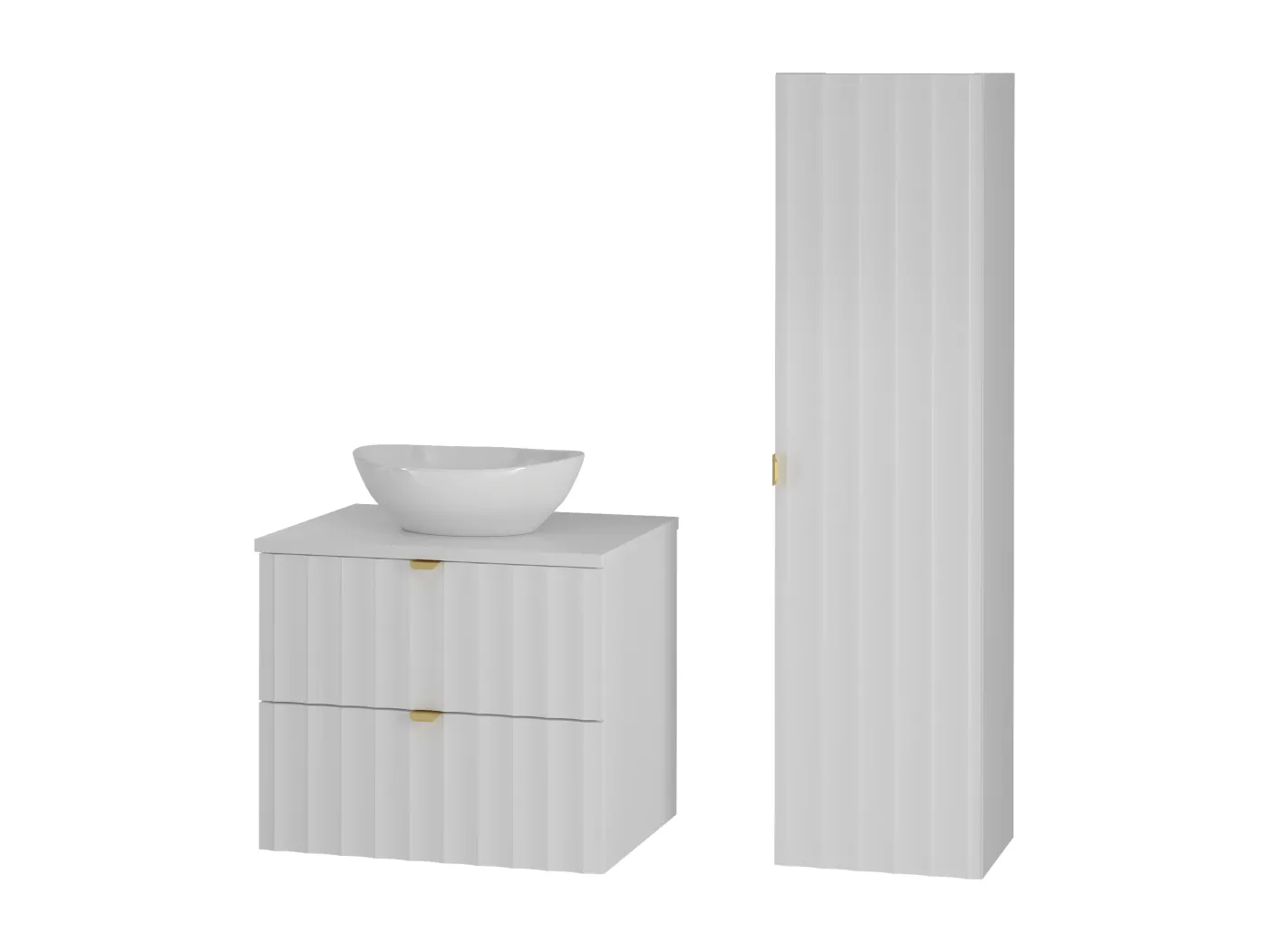 Weiß Bathroom Set 60cm Badezimmerschrank mit Arbeitsplatte und Waschbecken und Hochschrank geriffelte Fronten Arcos