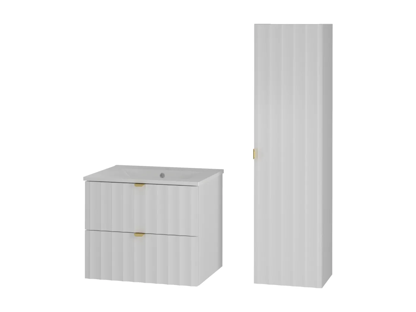 Weiß Badezimmer Set 60cm Badezimmerschrank mit Waschbecken und Hochschrank geriffelte Fronten Arcos
