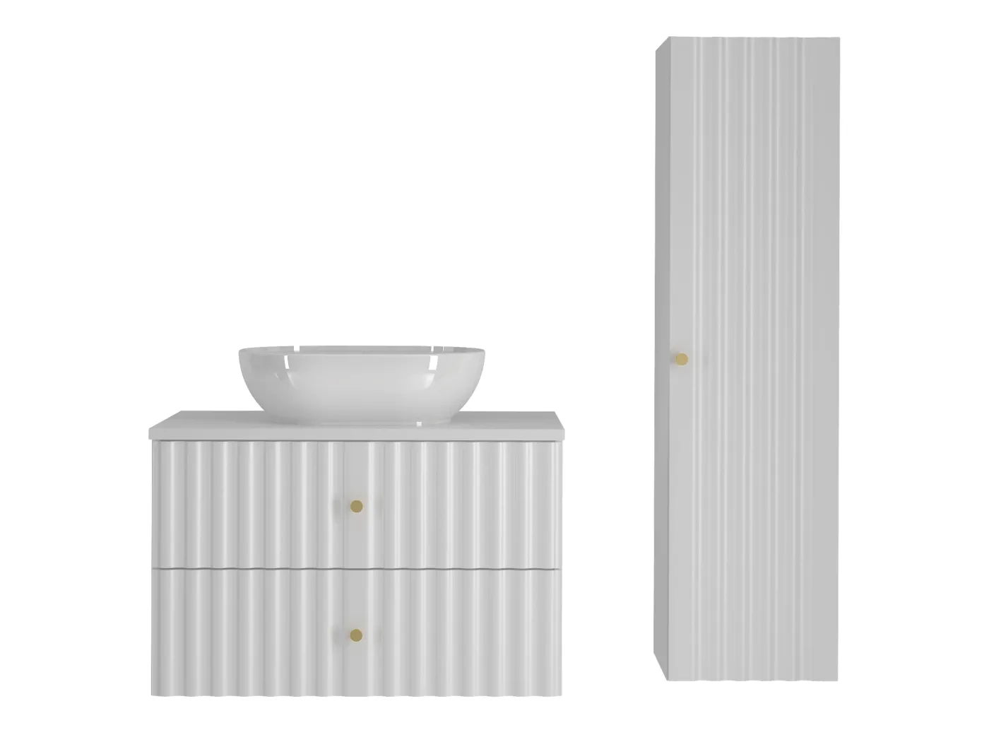 Weiß Bathroom Set 80cm Badezimmerschrank mit Arbeitsplatte und Waschbecken und Hochschrank geriffelte Fronten Aqua