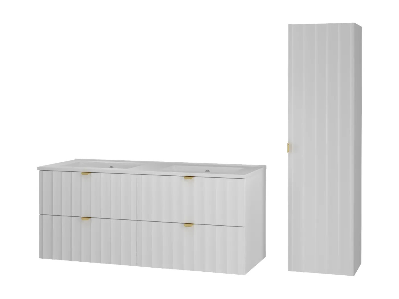 Weiß Badezimmer Set 120cm Badezimmerschrank mit Waschbecken und Hochschrank geriffelte Fronten Arcos