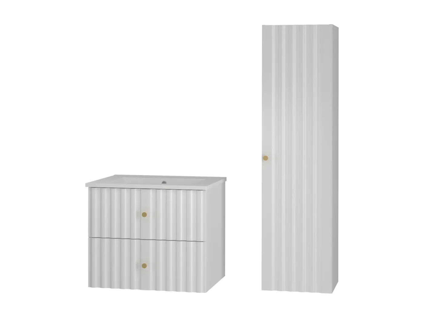 Weiß Badezimmer Set 60cm Badezimmerschrank mit Waschbecken und Hochschrank geriffelte Fronten Aqua