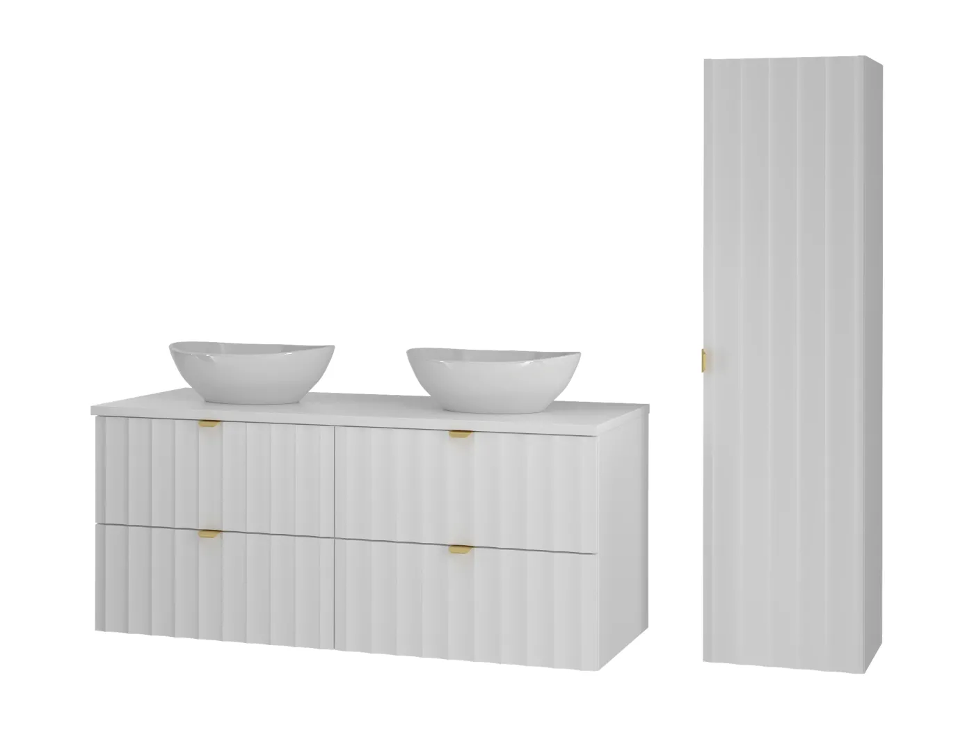 Weiß Bathroom Set 120cm Schrank mit Arbeitsplatte und Washbecken und Hochschrank geriffelte Front Arcos