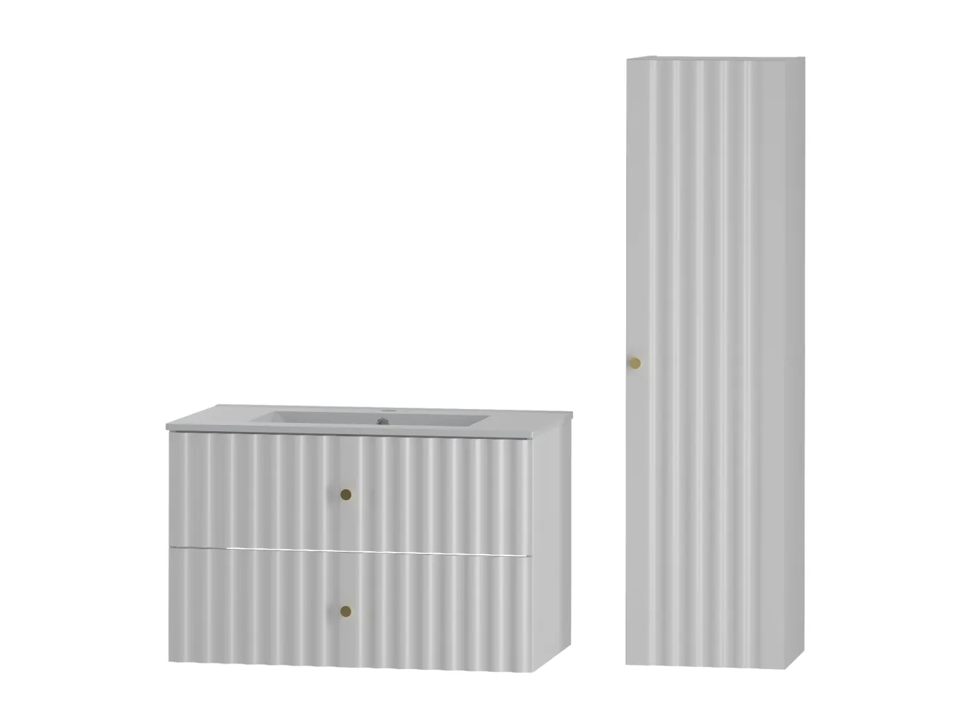 Weiß Badezimmer Set 80cm Badezimmerschrank mit Waschbecken und Hochschrank geriffelte Fronten Aqua