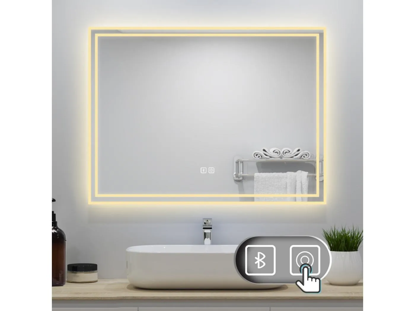 AICA Badezimmerspiegel mit LED-Beleuchtung 70x50cm Bluetooth 3 Lichtfarbe+Dimmbar Beschlagfrei Memory-Funktion
