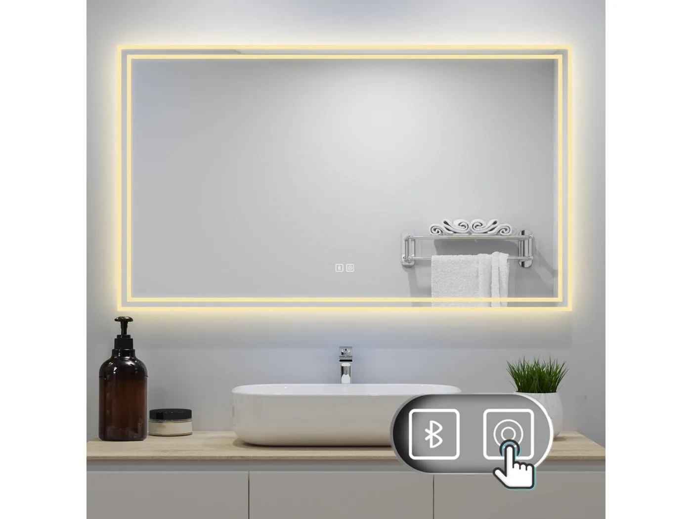 AICA Badezimmerspiegel mit LED-Beleuchtung 100x60cm Bluetooth 3 Lichtfarbe+Dimmbar Beschlagfrei Memory-Funktion