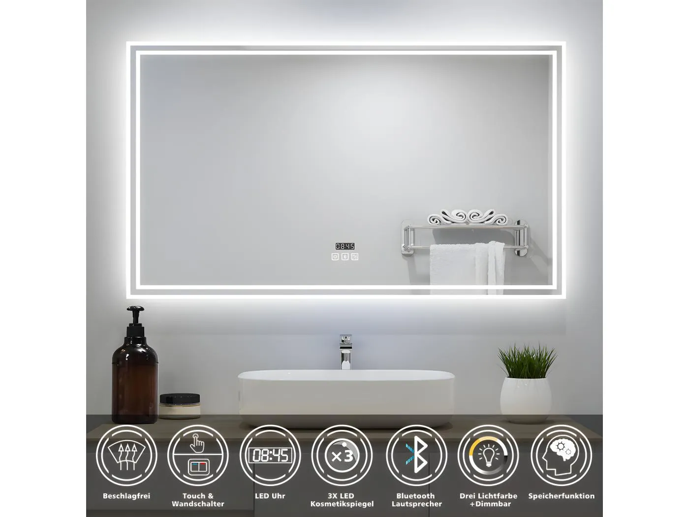 AICA Badezimmerspiegel mit LED-Beleuchtung 140x80cm Bluetooth Uhr 3 Lichtfarbe+Dimmbar Beschlagfrei Memory-Funktion
