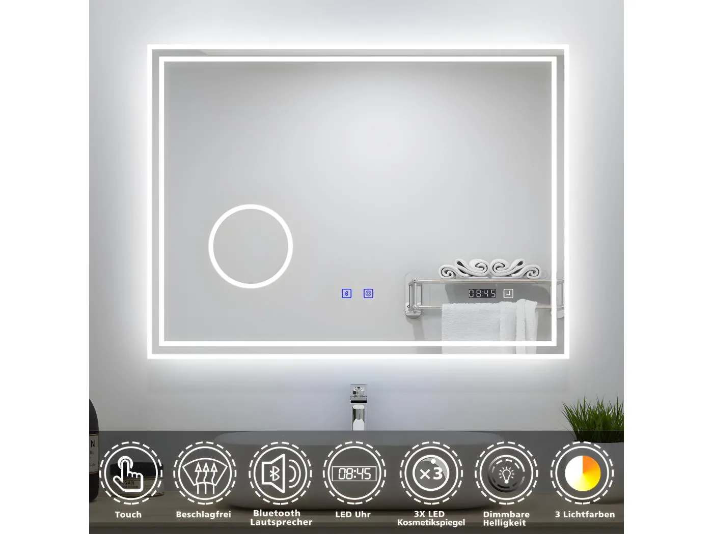 AICA Badezimmerspiegel mit LED-Beleuchtung 80x60cm Bluetooth Uhr Kosmetikspiegel 3 Lichtfarbe+Dimmbar Beschlagfrei Memory-Funktion