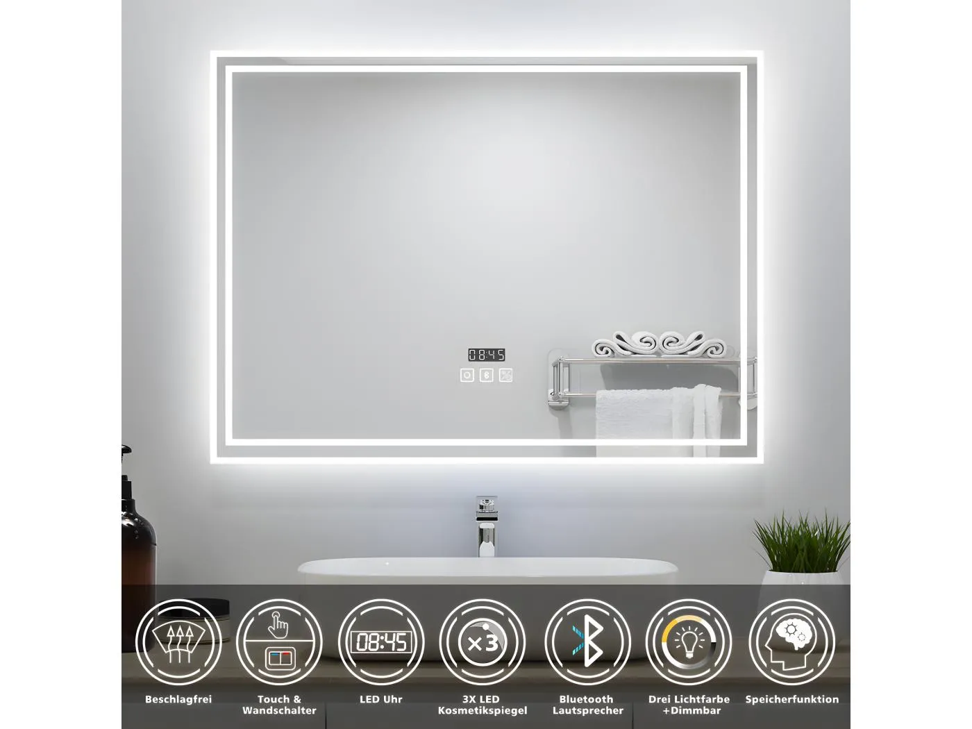 AICA Badezimmerspiegel mit LED-Beleuchtung 100x60cm Bluetooth Uhr 3 Lichtfarbe+Dimmbar Beschlagfrei Memory-Funktion