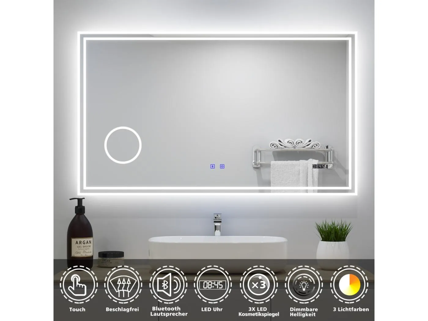 AICA Badezimmerspiegel mit LED-Beleuchtung 140x80cm Bluetooth Uhr Kosmetikspiegel 3 Lichtfarbe+Dimmbar Beschlagfrei Memory-Funktion