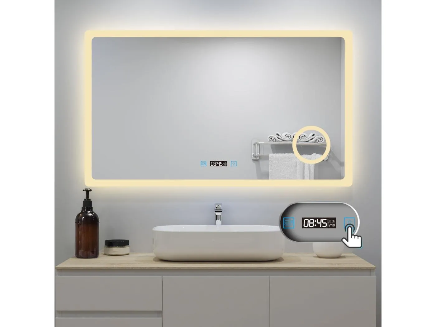 AICA Badspiegel mit LED-Beleuchtung 120x70cm Uhr Kosmetikspiegel Beschlagfrei 3 Lichtfarbe+Dimmbar Memory-Funktion