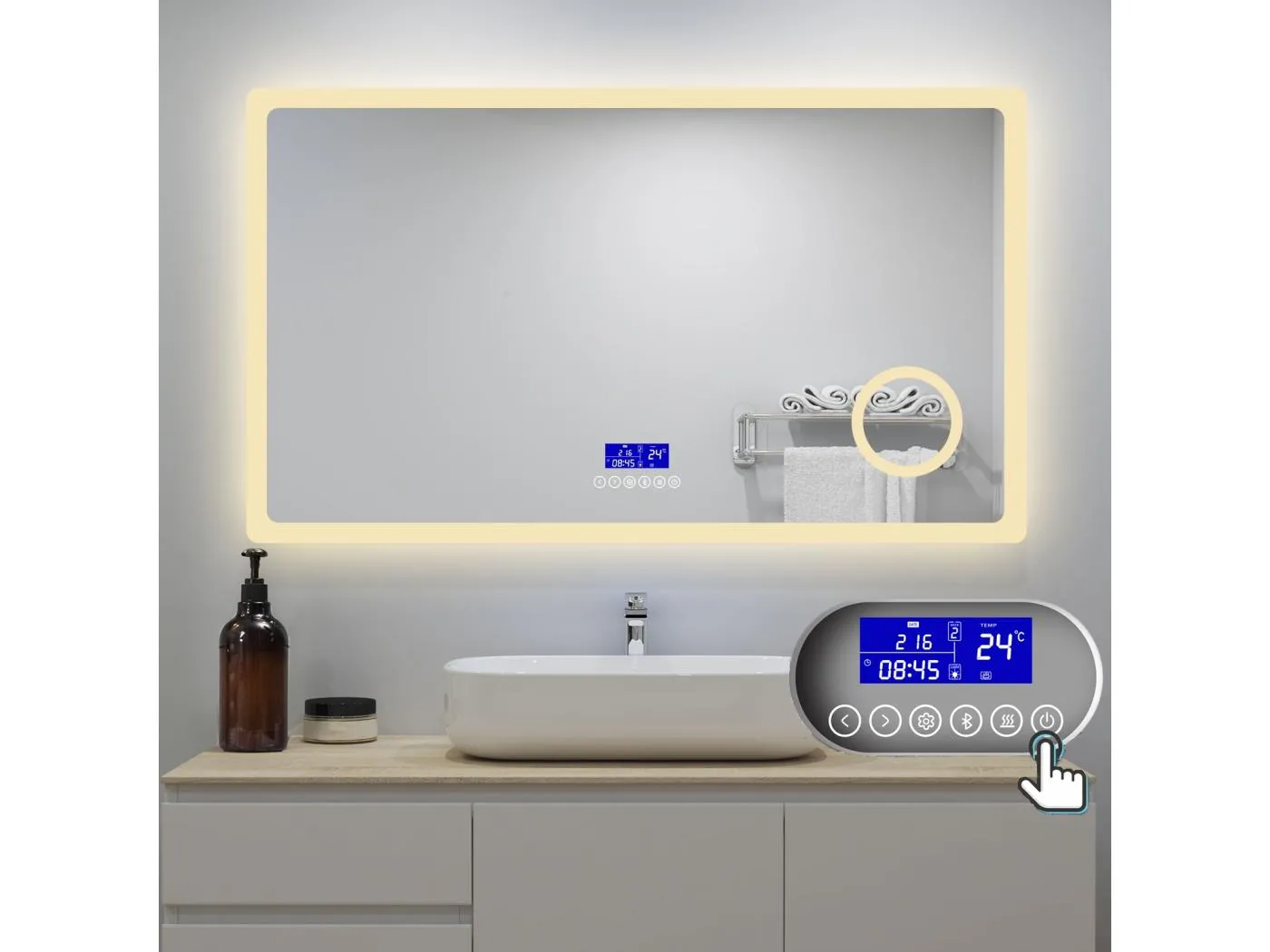 AICA Badspiegel mit LED-Beleuchtung 120x70cm Bluetooth Uhr Kosmetikspiegel Beschlagfrei 3 Lichtfarbe+Dimmbar Memory-Funktion