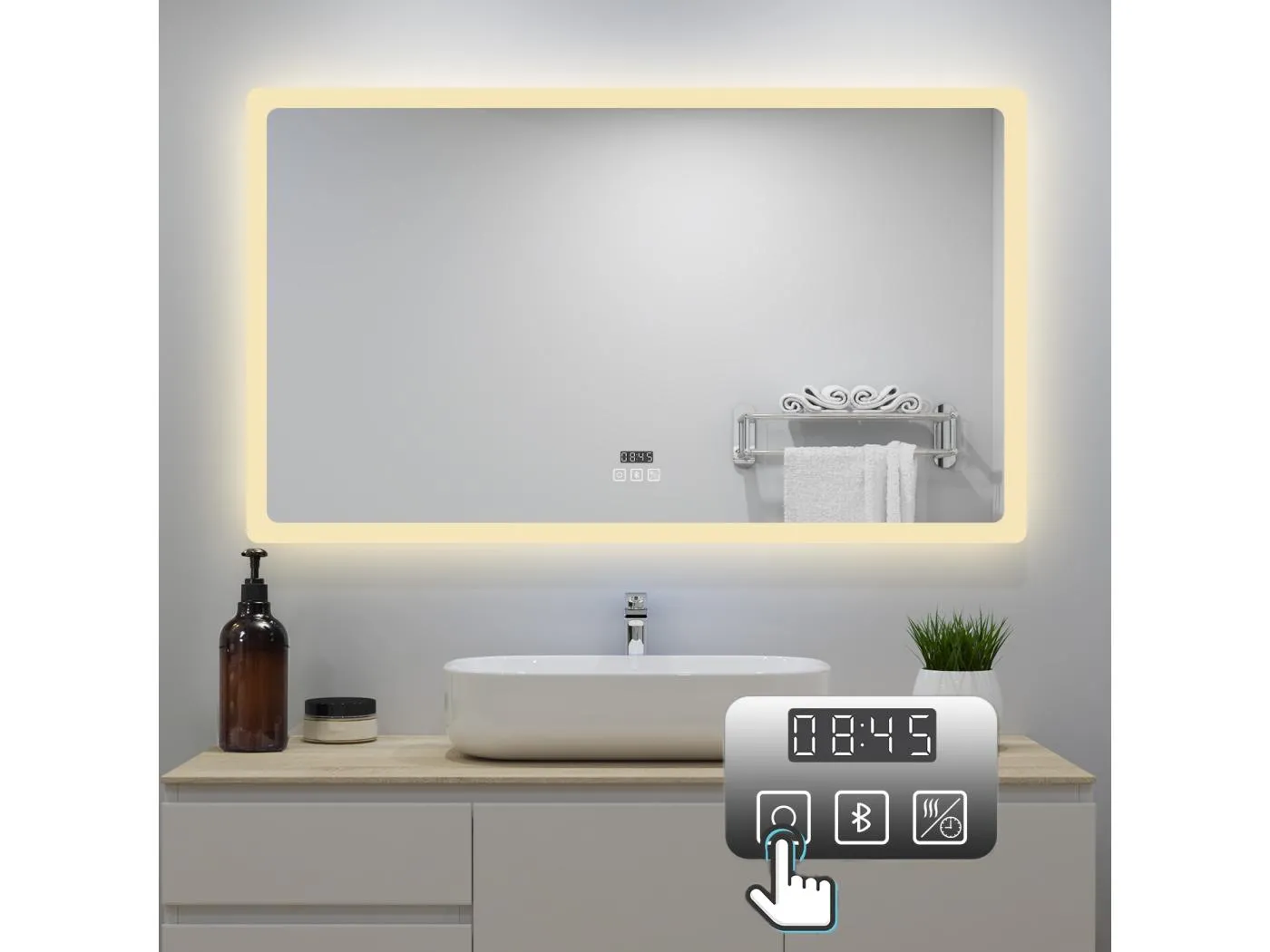 AICA Badspiegel mit LED-Beleuchtung 140x80cm Bluetooth Uhr Beschlagfrei 3 Lichtfarbe+Dimmbar Memory-Funktion