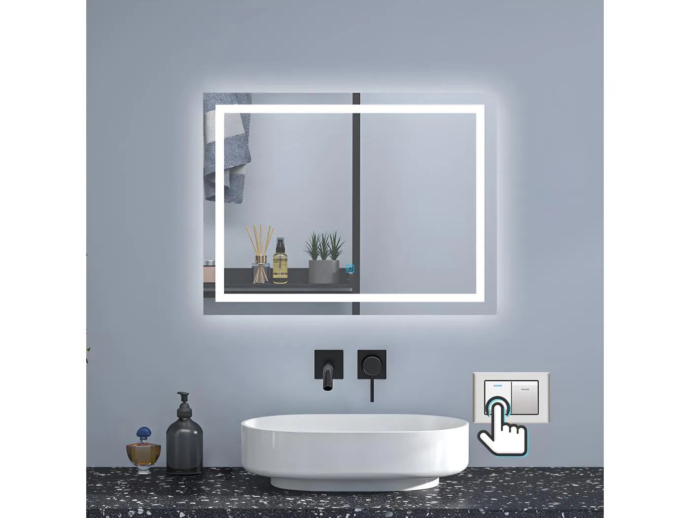 AICA Badspiegel mit LED-Beleuchtung 100x60cm Wand/Touchschalter Beschlagfrei 3 Lichtfarbe+Dimmbar Memory-Funktion - PALMAR