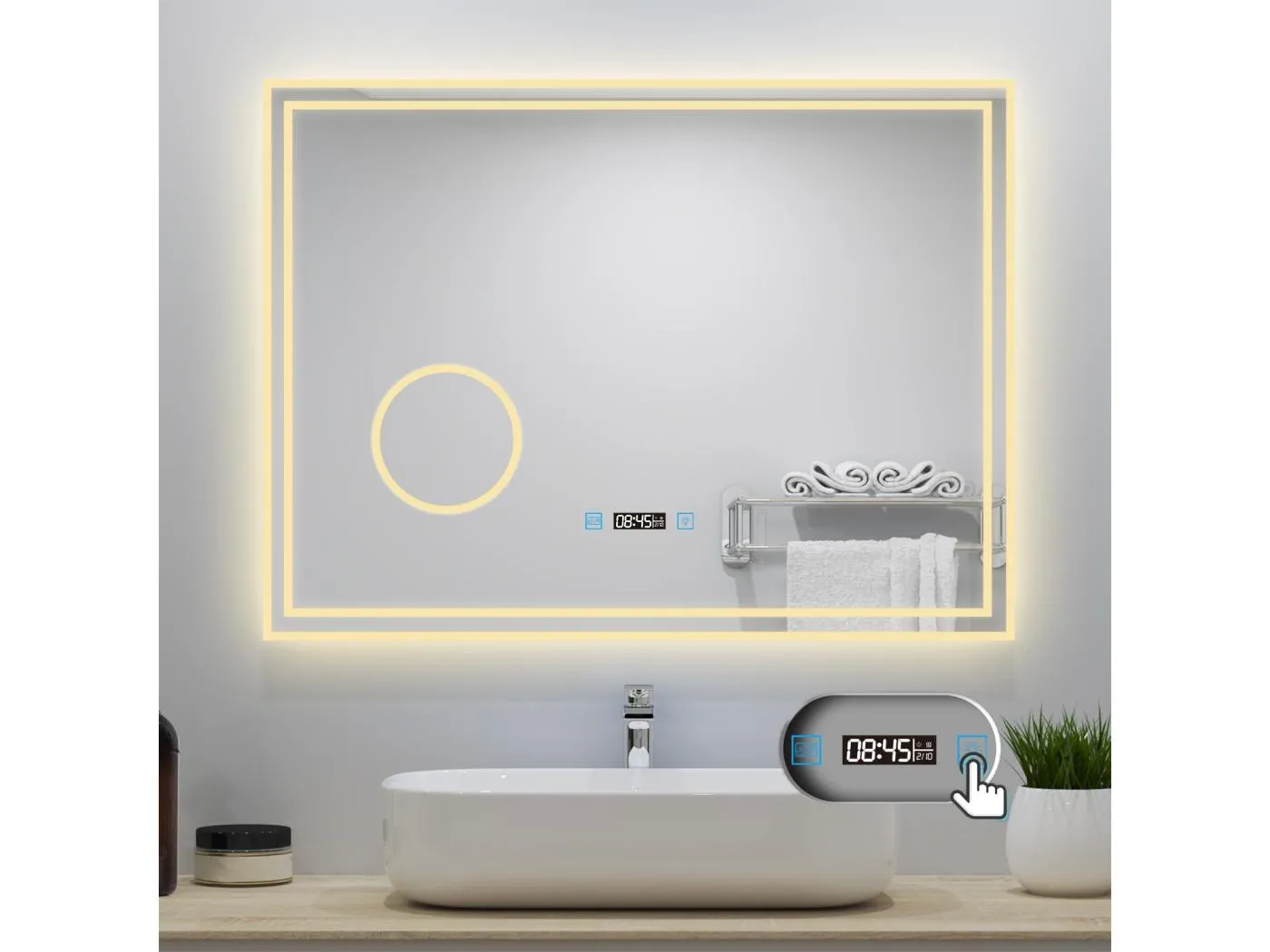 AICA Badezimmerspiegel mit LED-Beleuchtung 80x60cm Uhr Kosmetikspiegel 3 Lichtfarbe+Dimmbar Beschlagfrei Memory-Funktion