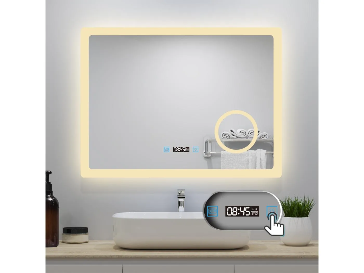 AICA Badspiegel mit LED-Beleuchtung 100x60cm Uhr Kosmetikspiegel Beschlagfrei 3 Lichtfarbe+Dimmbar Memory-Funktion