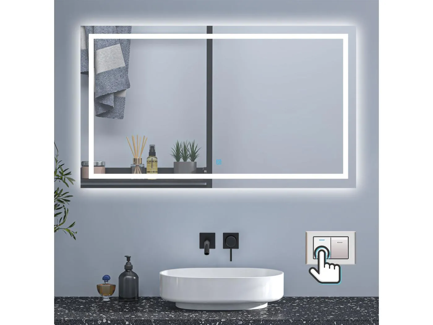 AICA Badspiegel mit LED-Beleuchtung 100x80cm Wand/Touchschalter Beschlagfrei 3 Lichtfarbe+Dimmbar Memory-Funktion - PALMAR