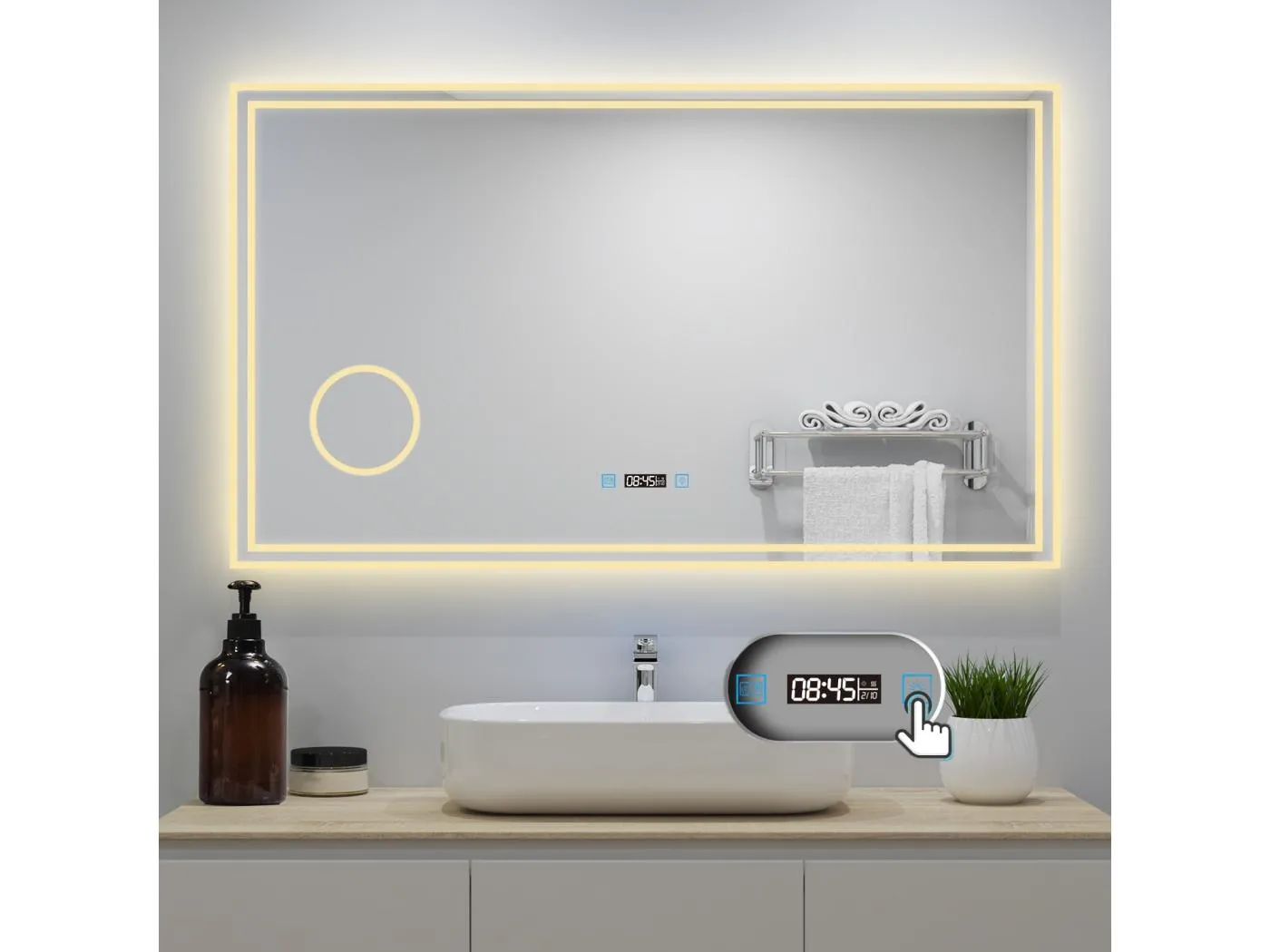 AICA Badezimmerspiegel mit LED-Beleuchtung 140x80cm Uhr Kosmetikspiegel 3 Lichtfarbe+Dimmbar Beschlagfrei Memory-Funktion