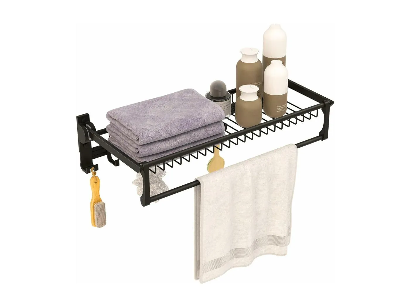 Handtuchhalter klappbar, Handtuchregal ohne Bohren, Handtuchstange wandmontiert mit 9 beweglichen Haken & Regal, Wand-Organizer Selbstklebend für Badezimmer Küche, 59,5 x 26 x 14 cm