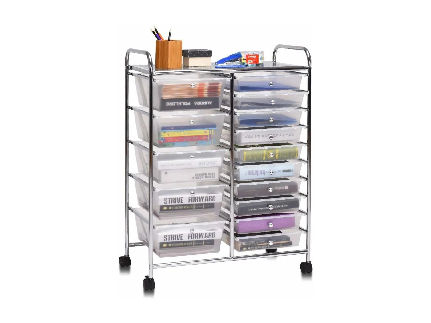 Rollwagen mit 15 stapelbaren Schubladen, Schubladenwagen Rollcontainer mit Metallgestell und Ablagefläche, Badrollwagen Aufbewahrungswagen für Büro, Wohnzimmer, 62,5 x 37 x 87 cm TI75047