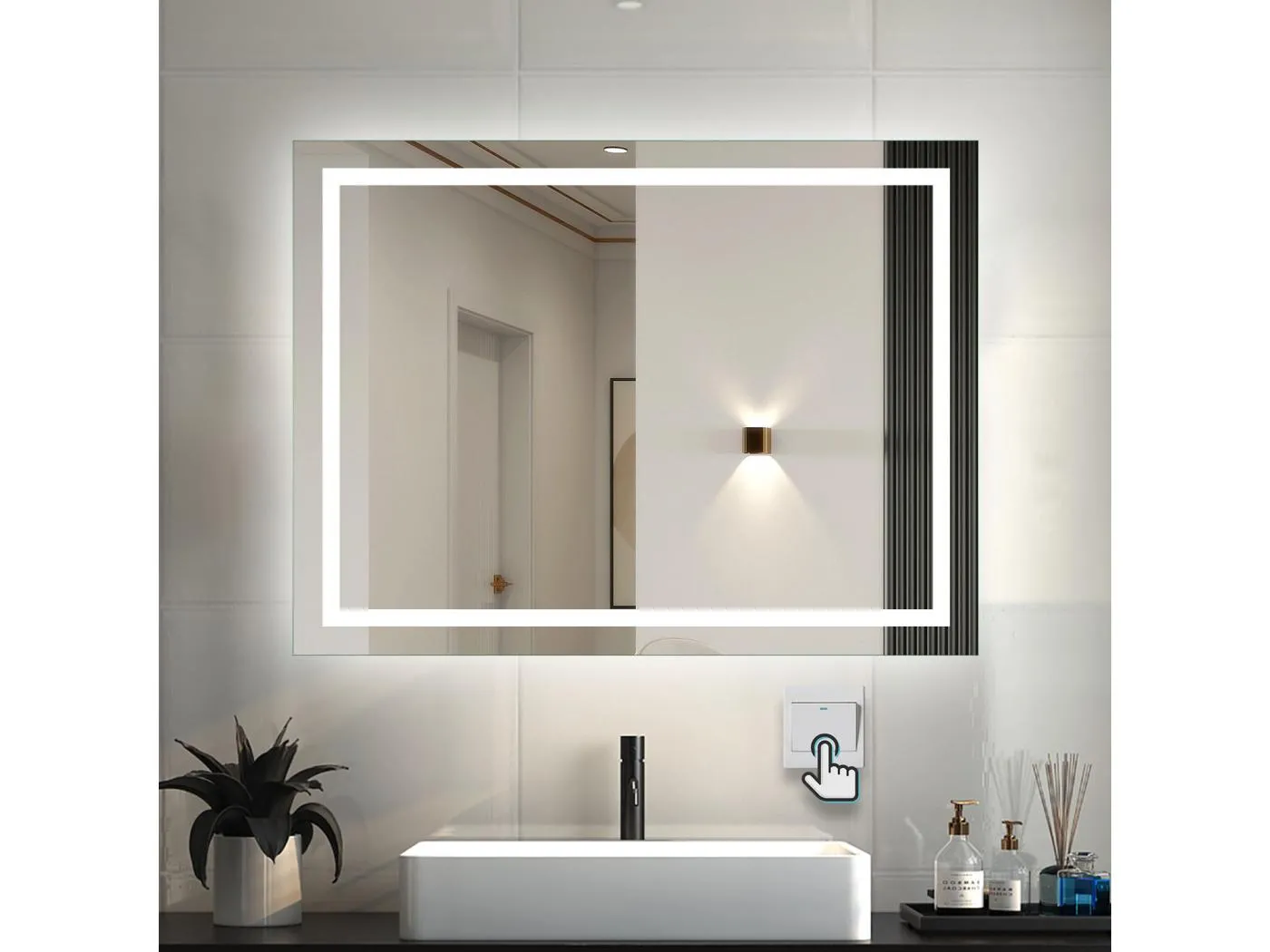 AICA Badspiegel mit LED-Beleuchtung 100x80cm Wandschalter Beschlagfrei Kaltweiß - PALMAR