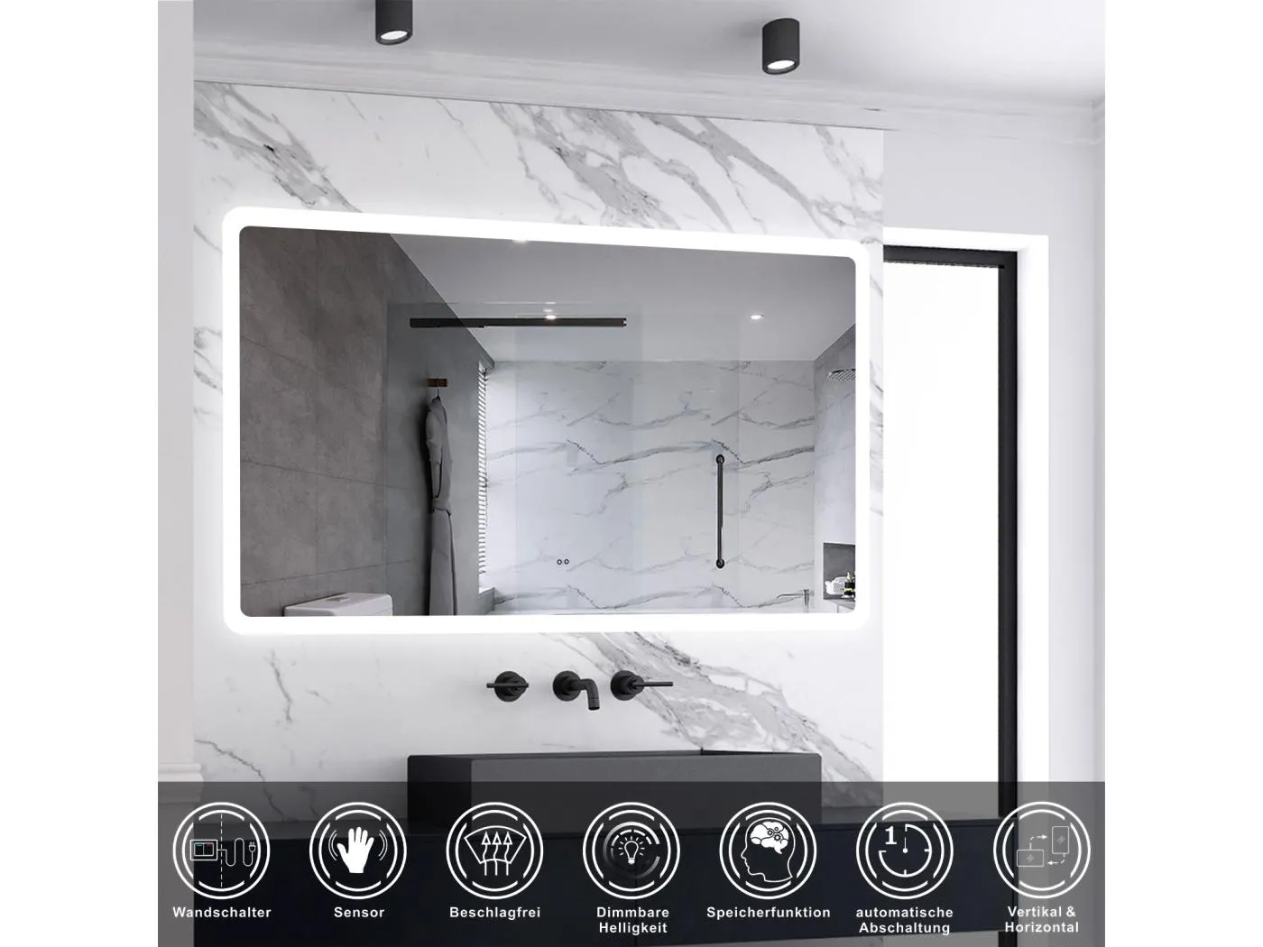 AICA Badspiegel mit Beleuchtung 120x70cm Sensor-Schalter Beschlagfrei Kaltweiß dimmbar Memory-Funktion