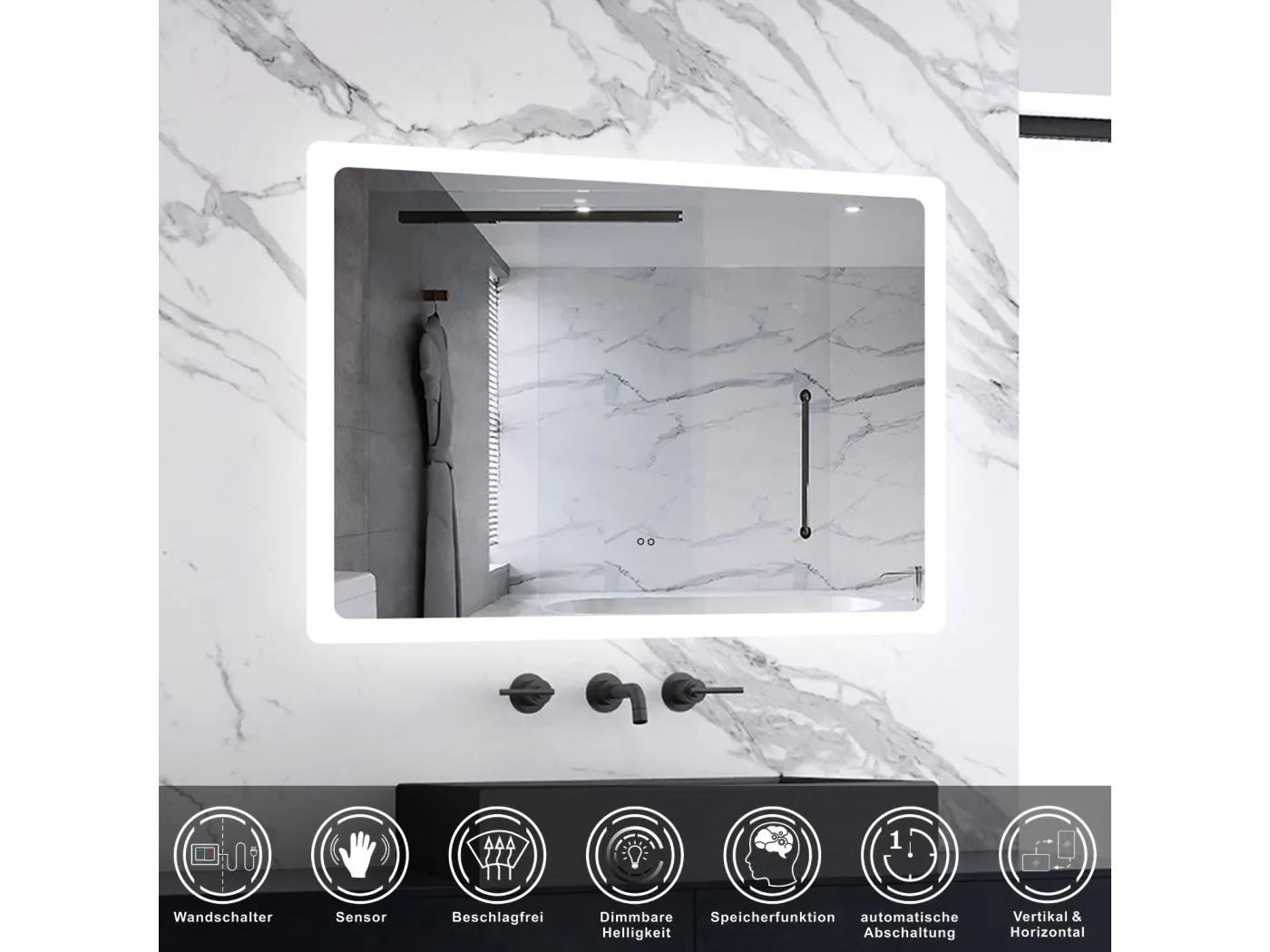AICA Badspiegel mit Beleuchtung 80x60cm Sensor-Schalter Beschlagfrei Kaltweiß dimmbar Memory-Funktion