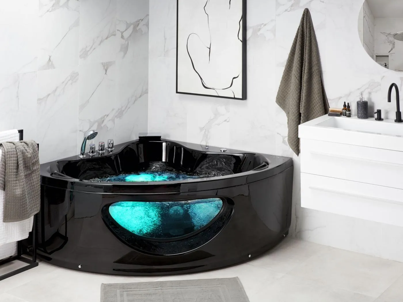 Whirlwanne Eckbadewanne Spa schwarz große Doppelwanne mit Massage LED 140cm Tocoa