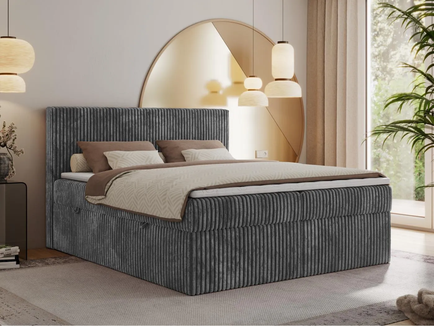 Boxspringbett TILIANO mit Kopfteil und zwei Bettkästen, Cord Bett - 180x200 cm - H3 - Grau Cord