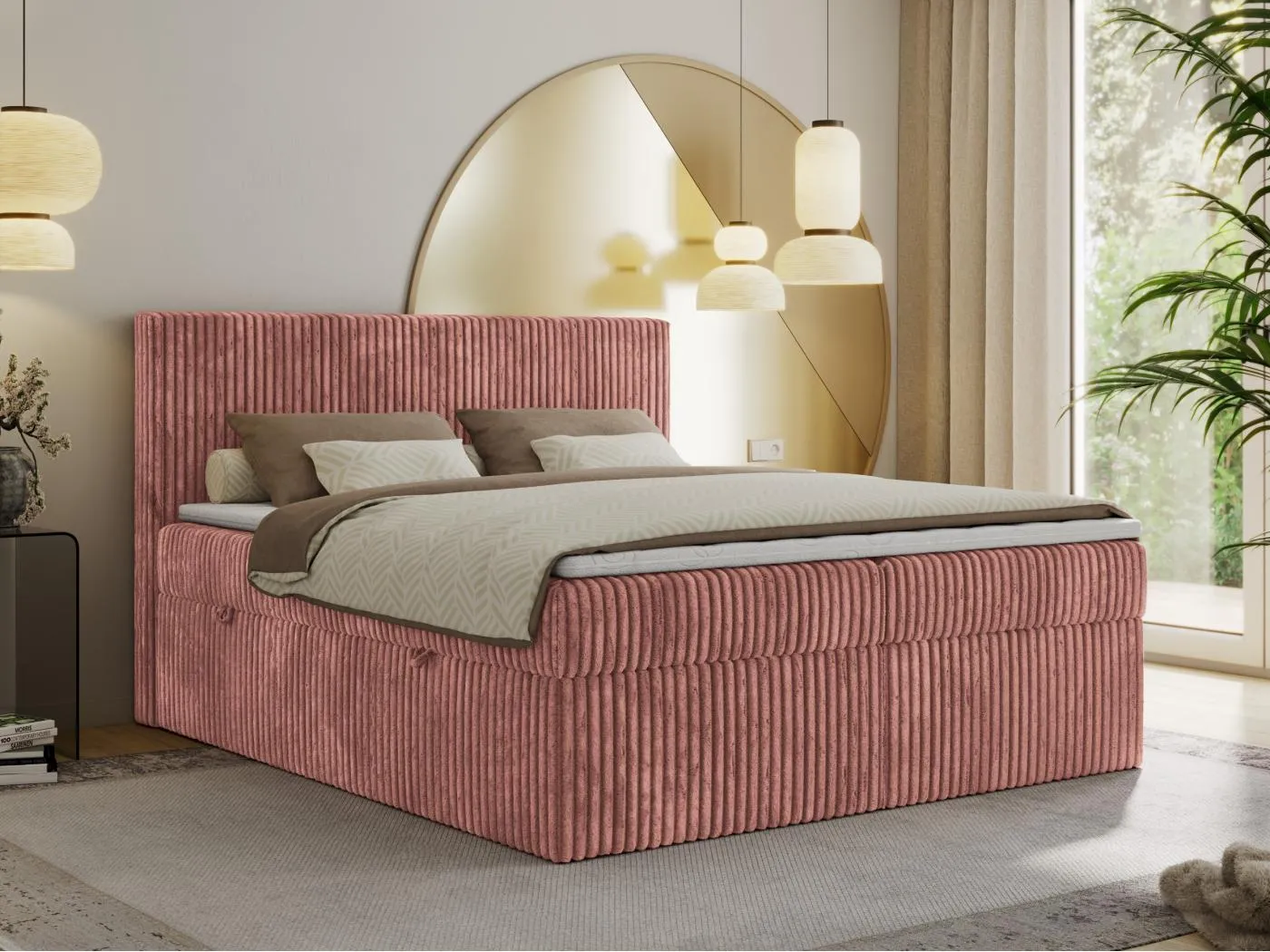 Boxspringbett TILIANO mit Kopfteil und zwei Bettkästen, Cord Bett - 180x200 cm - H3 - Rosa Cord