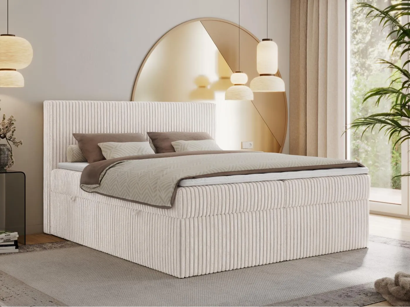 Boxspringbett TILIANO mit Kopfteil und zwei Bettkästen, Cord Bett - 200x200 cm - H4 - Beige Cord