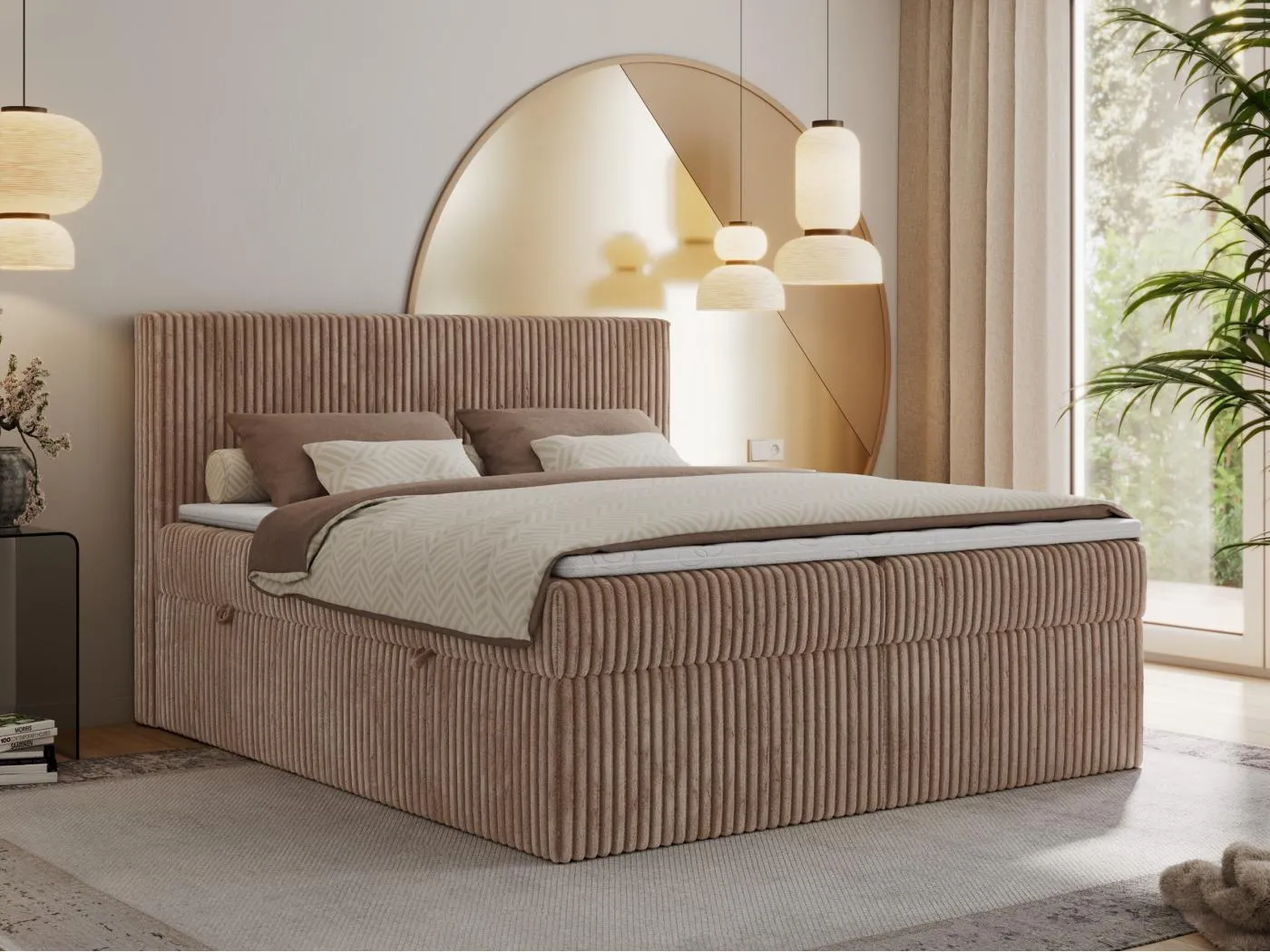 Boxspringbett TILIANO mit Kopfteil und zwei Bettkästen, Cord Bett - 200x200 cm - H3 - Braun Cord